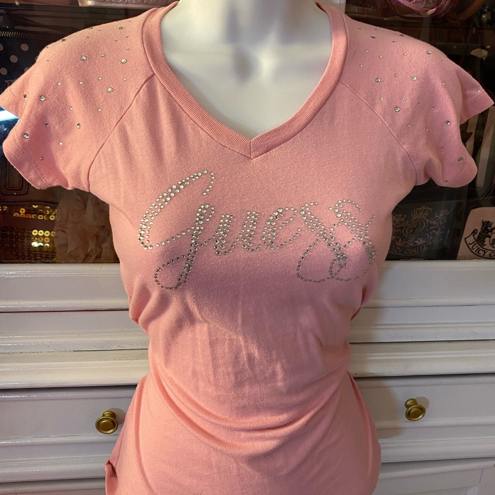 Rare Guess Pink Short Sleeve Tee with Rhinestone Logo read description